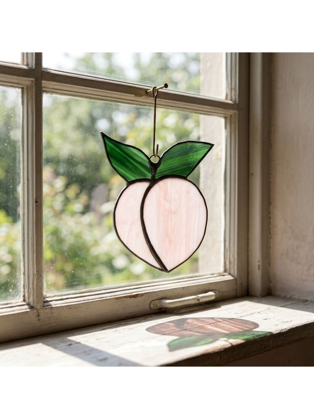 Stained Glass Peach Suncatcher Pink Green Fruit Decor Handmade 4"